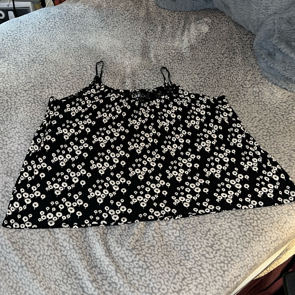 EUC LOFT Black Tank Top with Tan Leaf Design and Skinny Straps XL